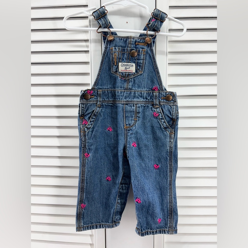 OshKosh B'gosh size 6M Denim vestbak Overalls with embroidered Pink chicks
